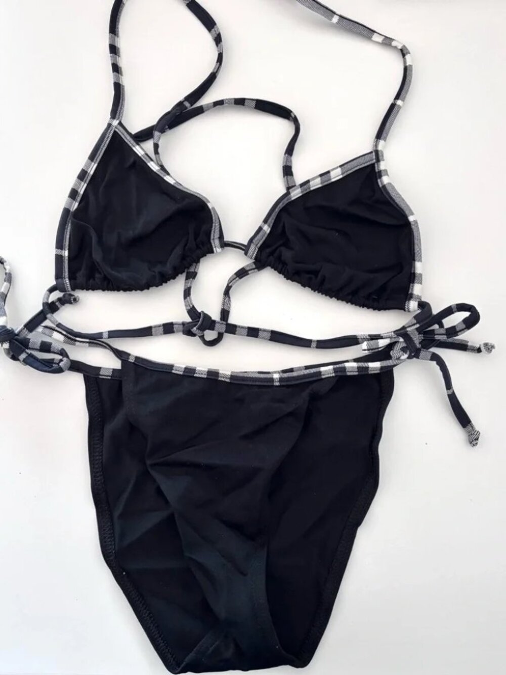 Burberry Black Two Piece String Bikini Set Contrast Plaid Trim Halter Tie Swim